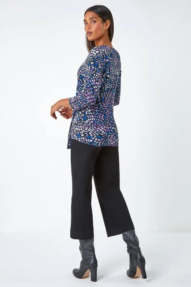 Blue Abstract Print Side Twist Stretch Top Women Roman Tops