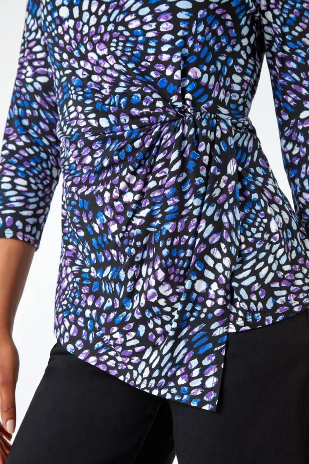 Blue Abstract Print Side Twist Stretch Top Women Roman Tops