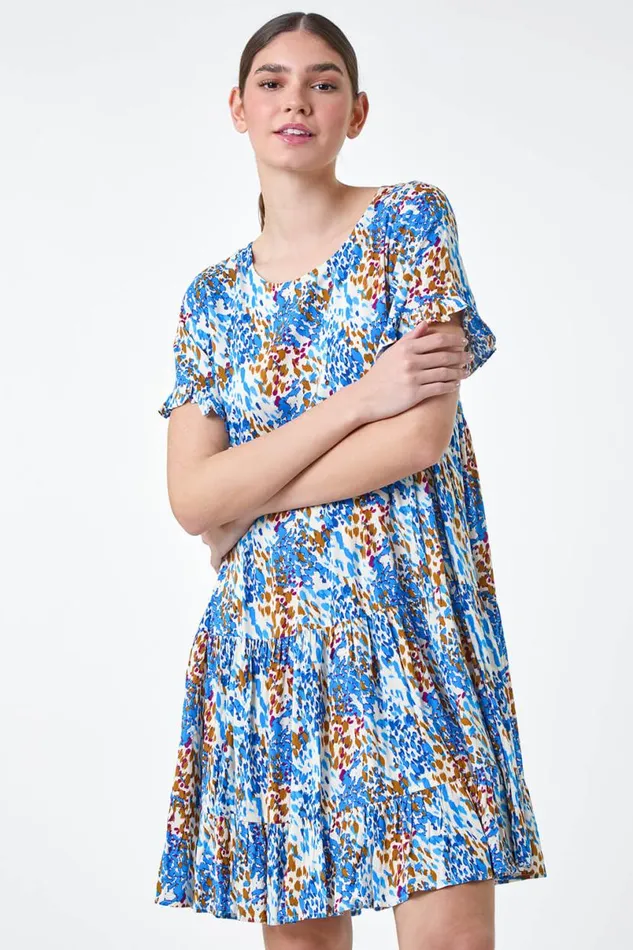 Blue Abstract Print Tiered Smock Dress Women Roman Dresses