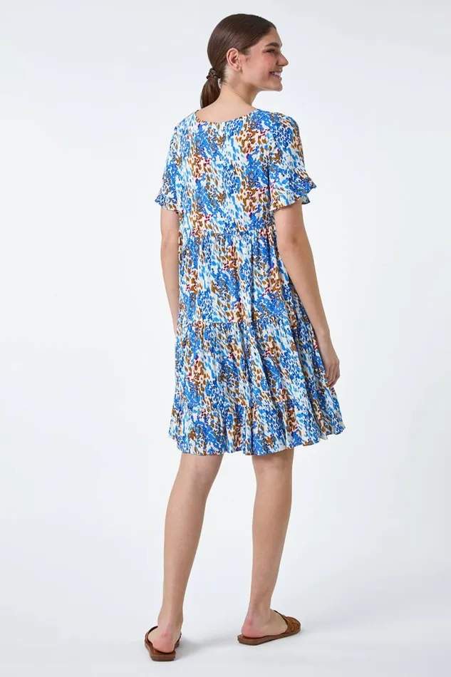 Blue Abstract Print Tiered Smock Dress Women Roman Dresses