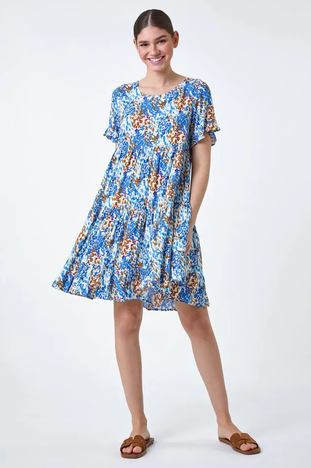 Blue Abstract Print Tiered Smock Dress Women Roman Dresses