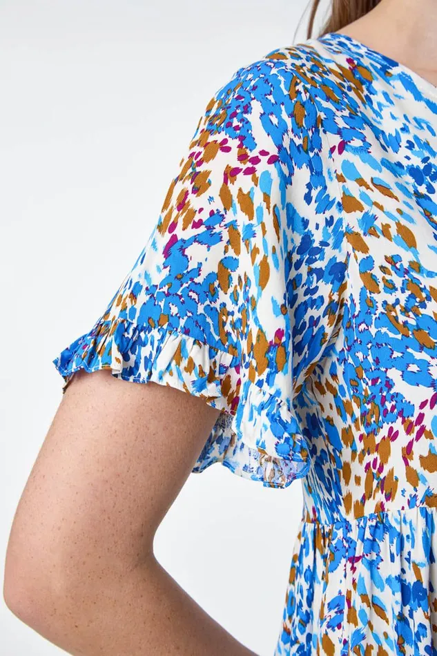 Blue Abstract Print Tiered Smock Dress Women Roman Dresses