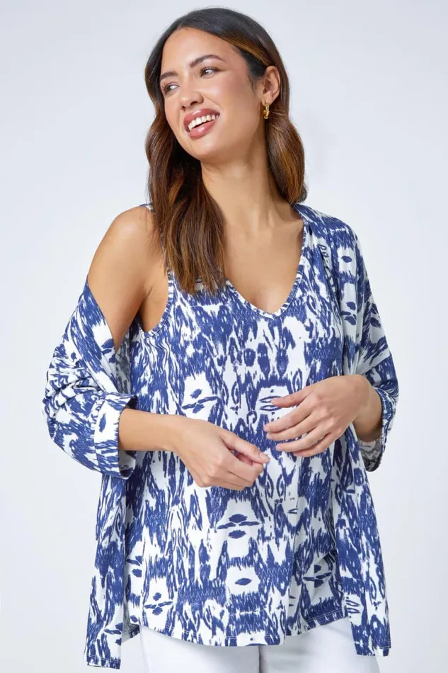 Blue Abstract Print VNeck Stretch Jersey Cami Top Women Roman Tops