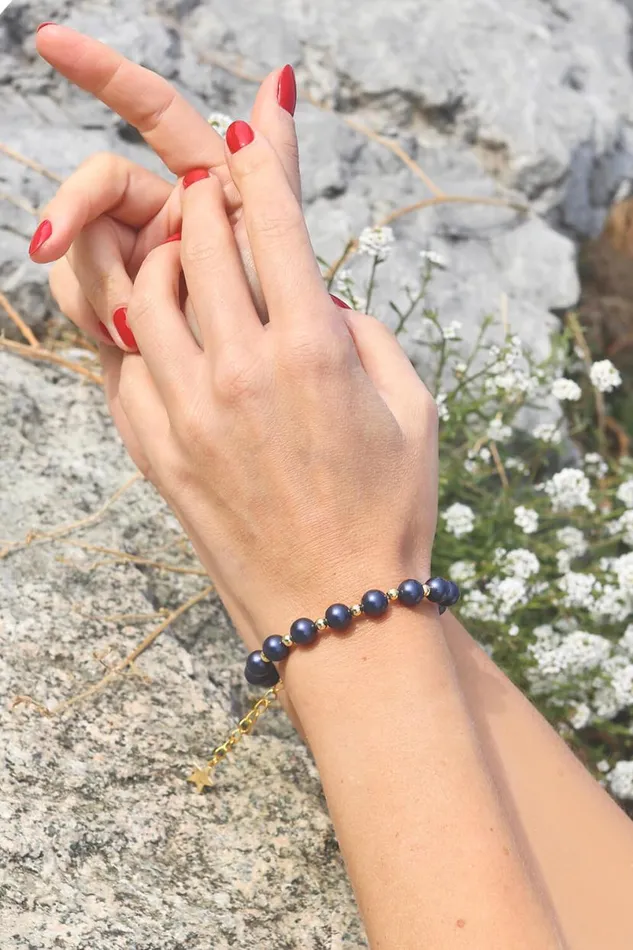 Blue Beaded Bracelet With Pearl Pendant Women Roman Jewellery