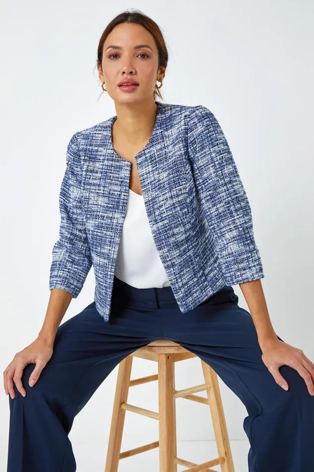 Blue Collarless Cropped Boucle Jacket Women Roman Jackets