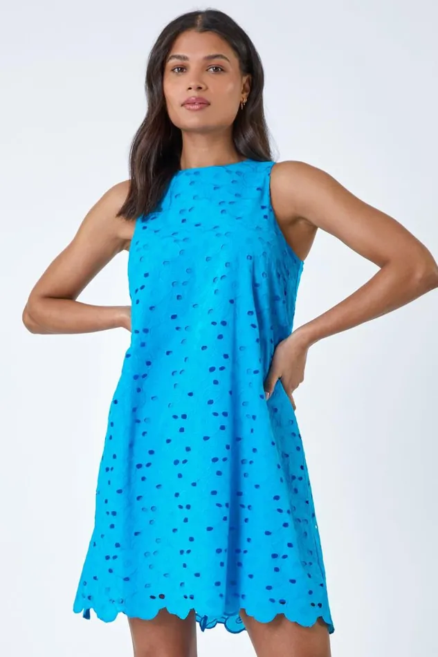Blue Cotton Embroidery Detail Shift Dress Women Roman Dresses