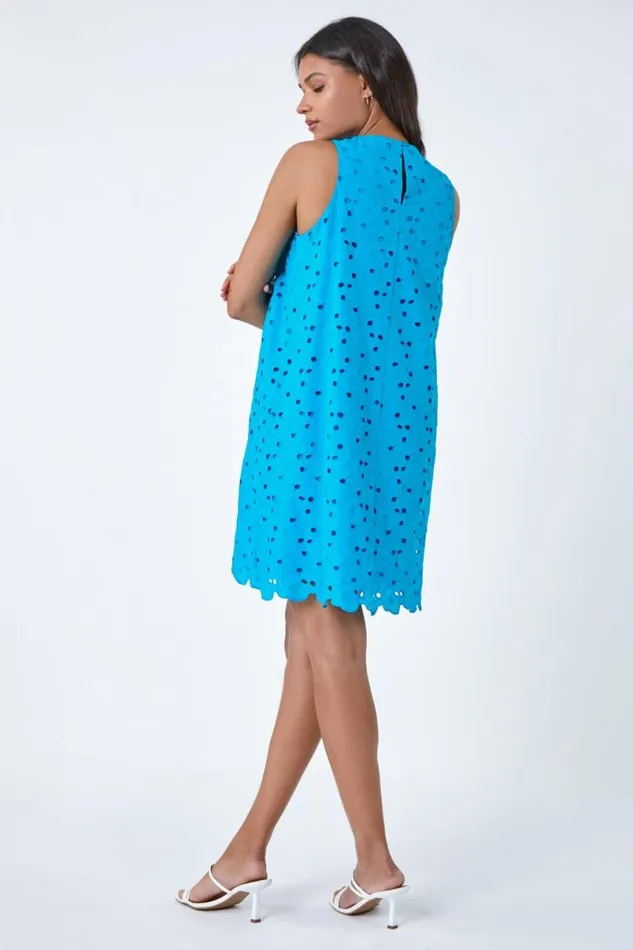 Blue Cotton Embroidery Detail Shift Dress Women Roman Dresses