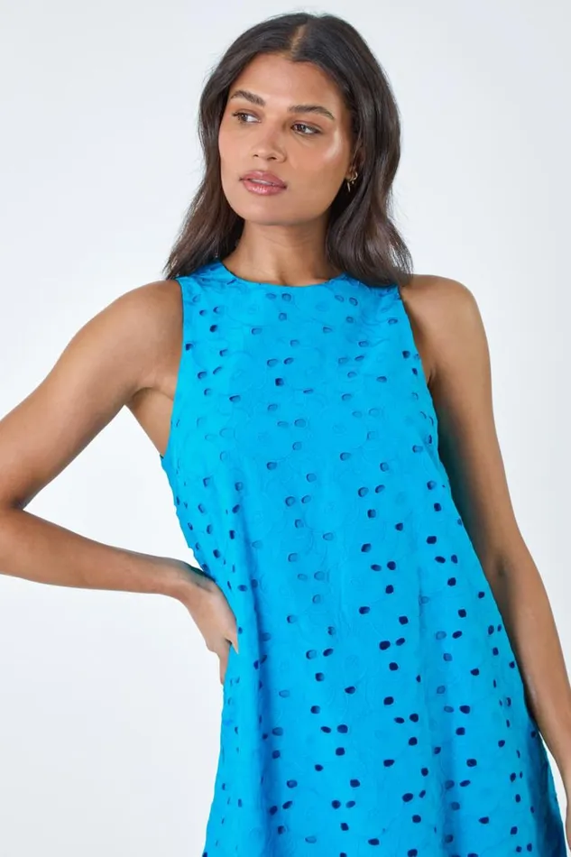 Blue Cotton Embroidery Detail Shift Dress Women Roman Dresses