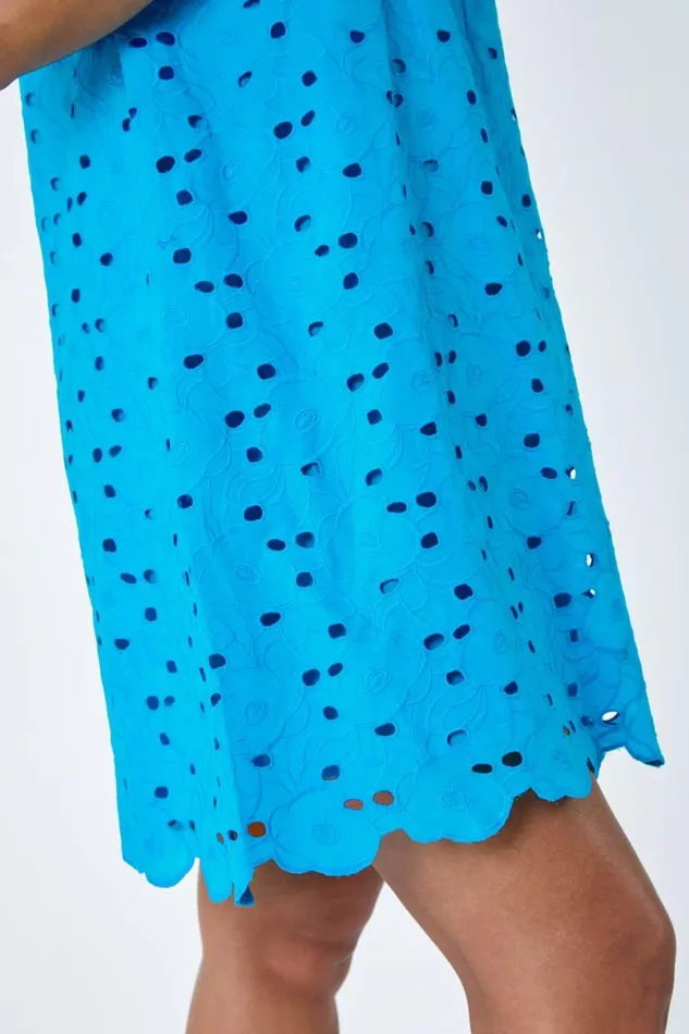 Blue Cotton Embroidery Detail Shift Dress Women Roman Dresses
