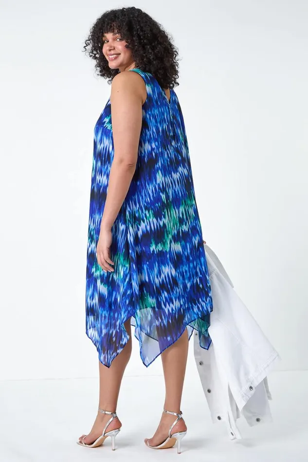 Blue Curve Abstract Print Chiffon Dress Women Roman Dresses