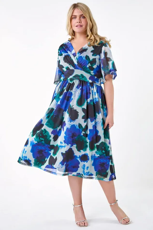 Blue Curve Abstract Print Stretch Mesh Wrap Dress Women Roman Dresses