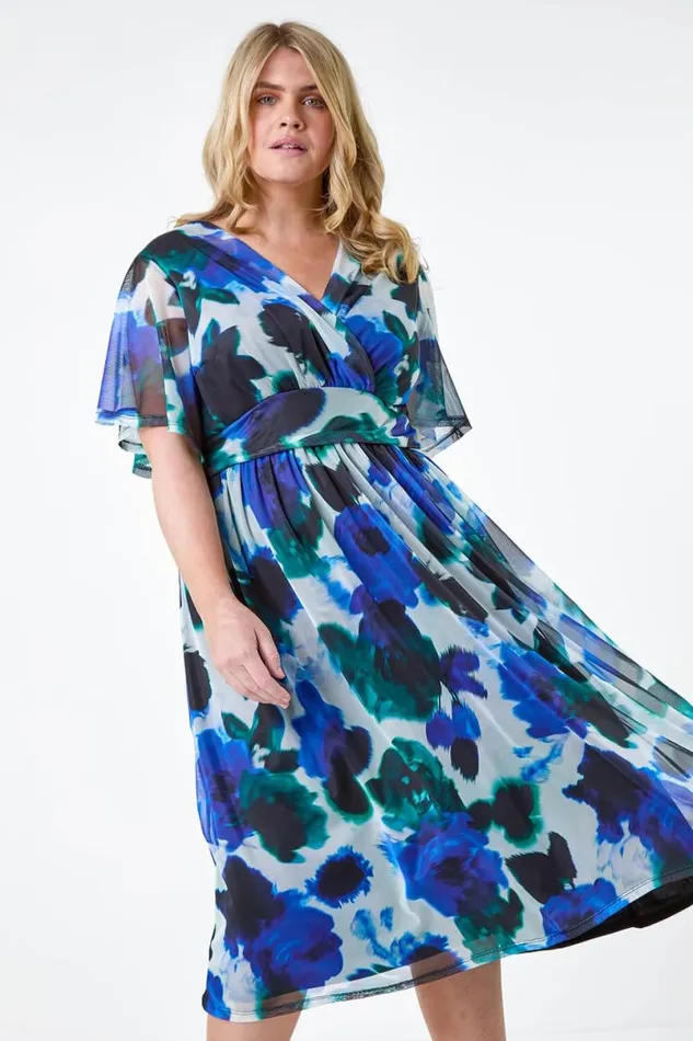 Blue Curve Abstract Print Stretch Mesh Wrap Dress Women Roman Dresses