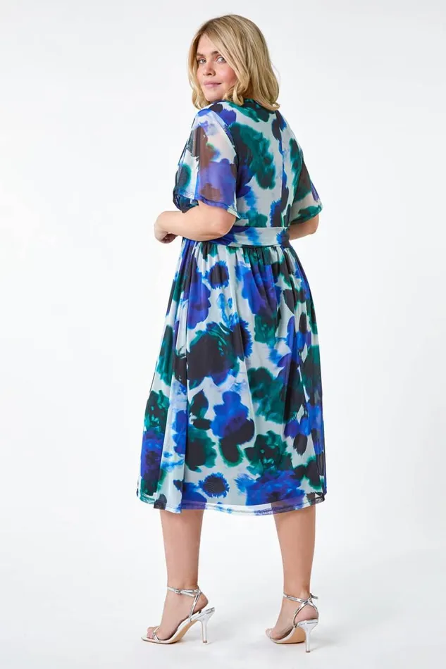 Blue Curve Abstract Print Stretch Mesh Wrap Dress Women Roman Dresses