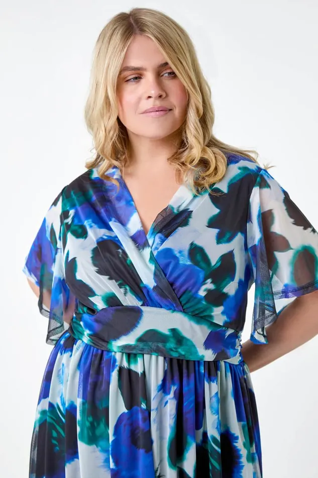 Blue Curve Abstract Print Stretch Mesh Wrap Dress Women Roman Dresses