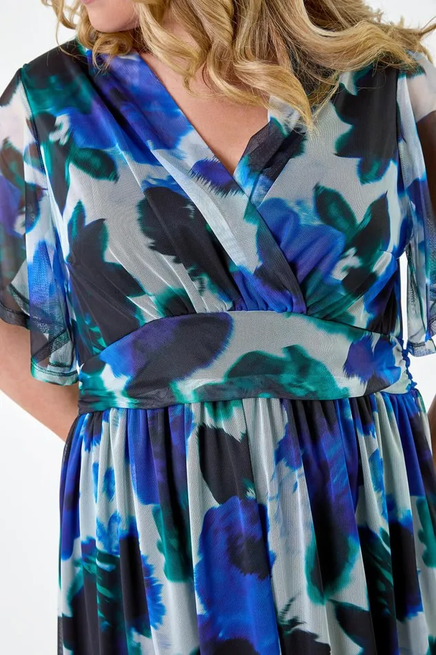 Blue Curve Abstract Print Stretch Mesh Wrap Dress Women Roman Dresses