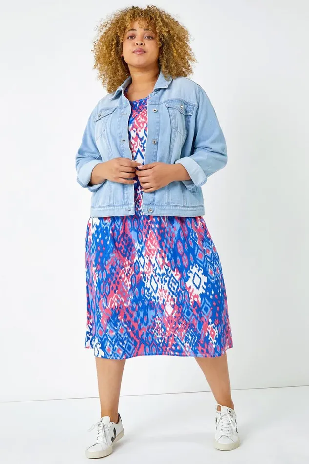 Blue Curve Aztec Print Stretch Midi Dress Women Roman Dresses
