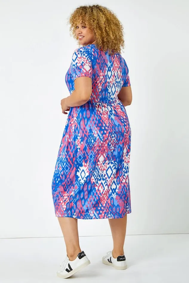 Blue Curve Aztec Print Stretch Midi Dress Women Roman Dresses