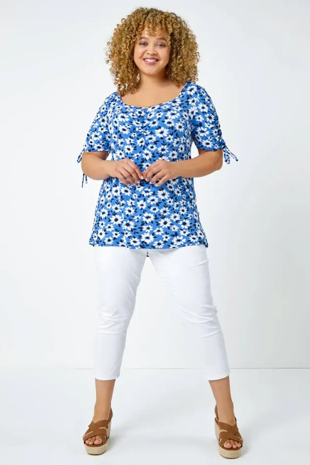 Blue Curve Floral Print Ruched Tie Top Women Roman Tops