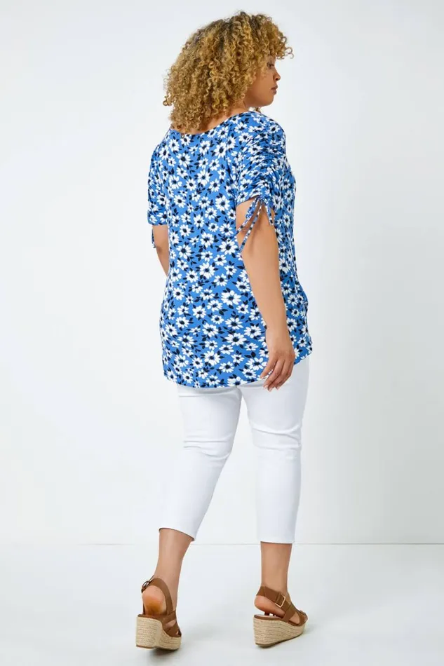 Blue Curve Floral Print Ruched Tie Top Women Roman Tops