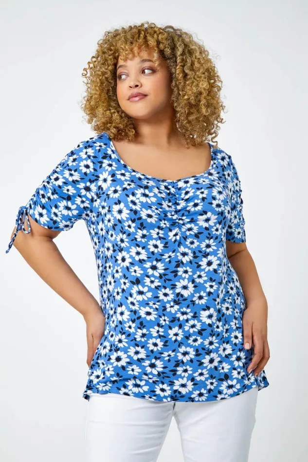 Blue Curve Floral Print Ruched Tie Top Women Roman Tops
