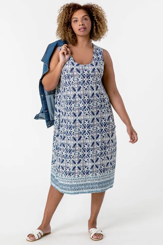 Blue Curve Geo Stretch Cocoon Dress Women Roman Dresses