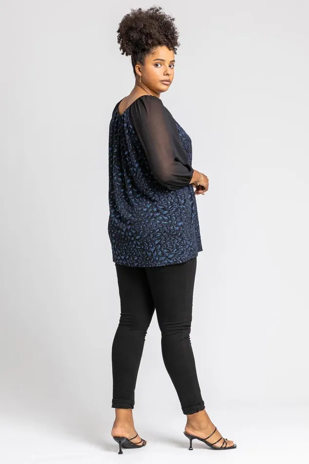Blue Curve Glitter Animal Print Pleated Top Women Roman Tops