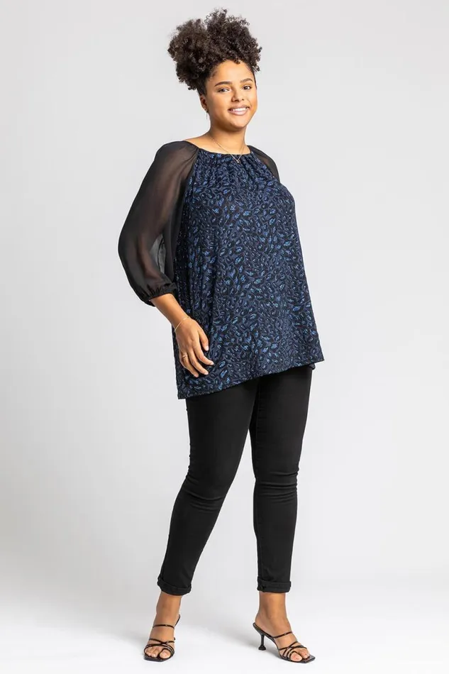 Blue Curve Glitter Animal Print Pleated Top Women Roman Tops