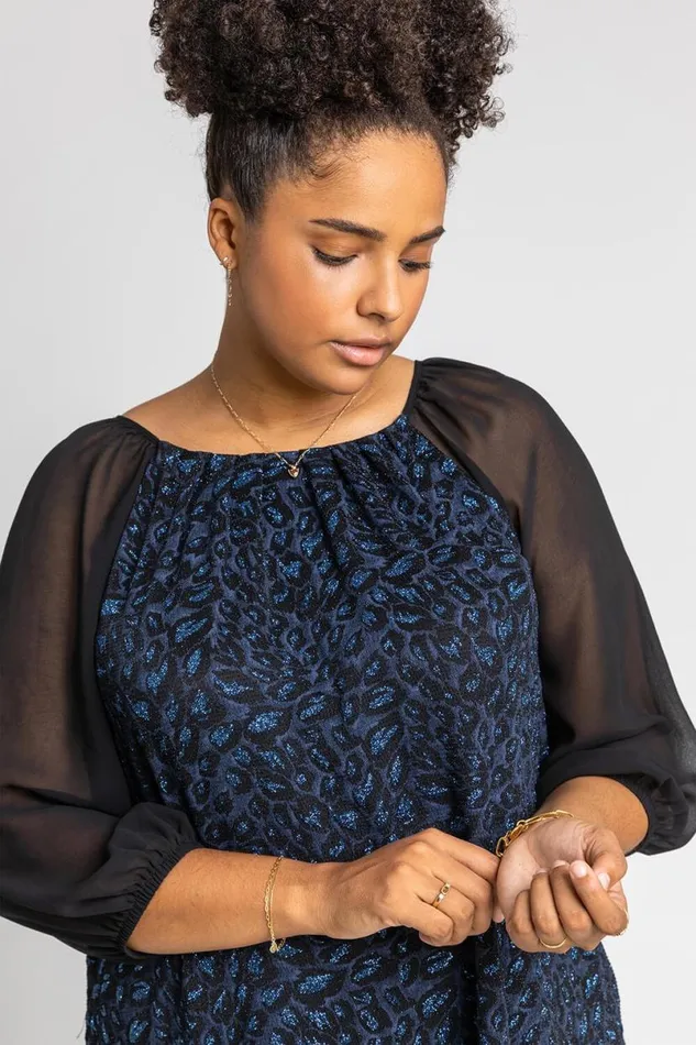 Blue Curve Glitter Animal Print Pleated Top Women Roman Tops