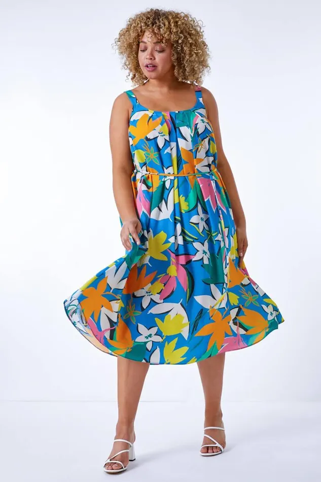 Blue Curve Leaf Print Belted Dress Women Roman Dresses