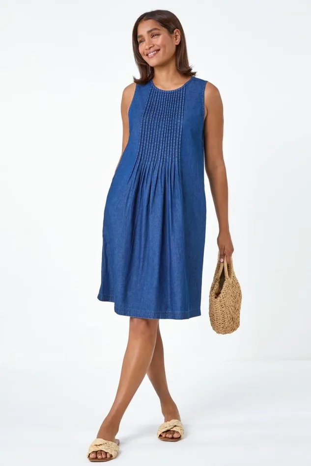 Blue Denim Pintuck Detail Pocket Dress Women Roman Dresses