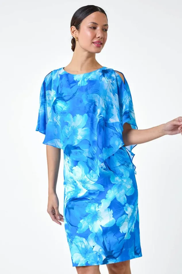 Blue Floral Asymmetric Overlay Chiffon Dress Women Roman Dresses