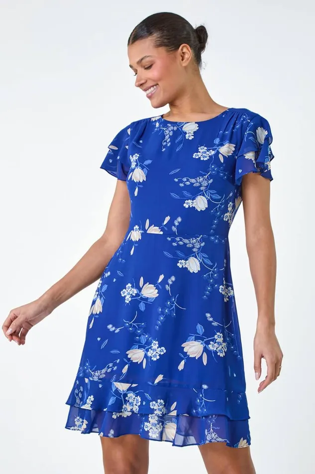 Blue Floral Print Frill Detailed Dress Women Roman Dresses