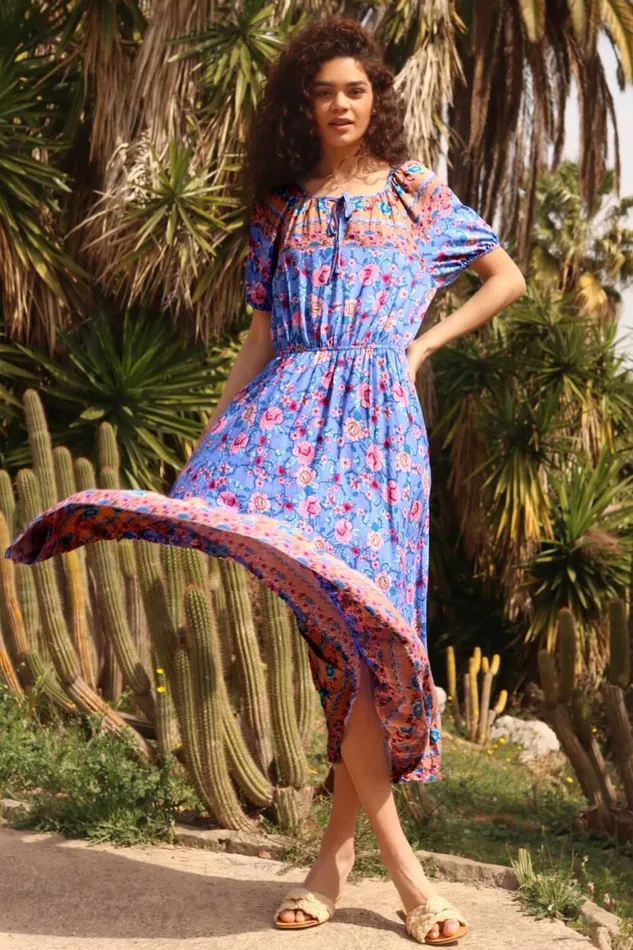 Blue Floral Print Keyhole Maxi Dress Women Roman Dresses