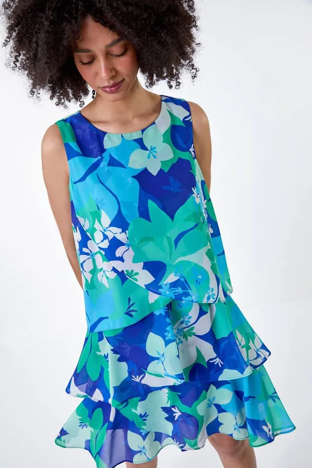 Blue Floral Print Tiered Layer Dress Women Roman Dresses