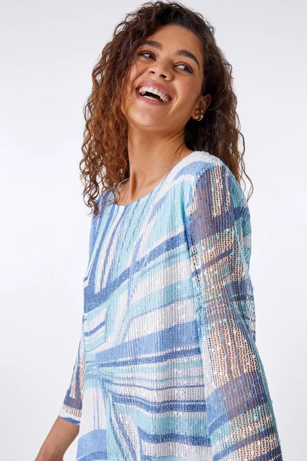 Blue Lace Trim Overlay Abstract Print Top Women Roman Tops