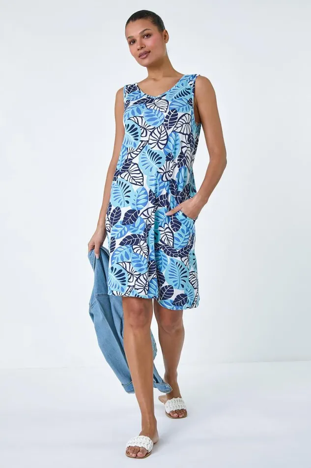 Blue Leaf Print Pocket Stretch Swing Dress Women Roman Dresses