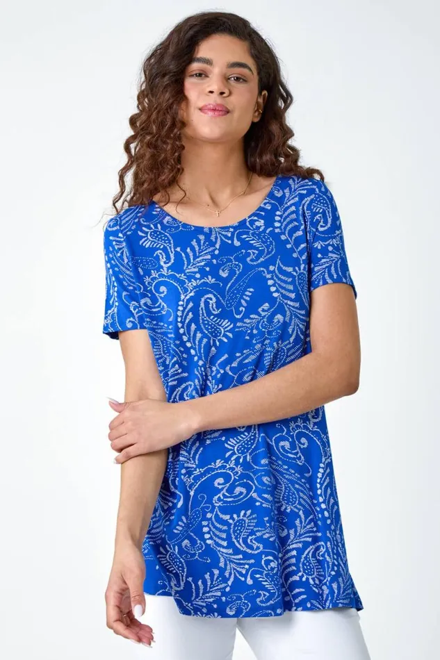 Blue Paisley Bar Back Stretch VNeck Tunic Top Women Roman Tops