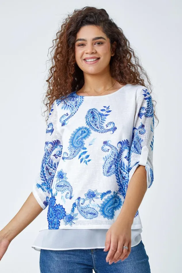 Blue Paisley Print Double Layer Top Women Roman Tops