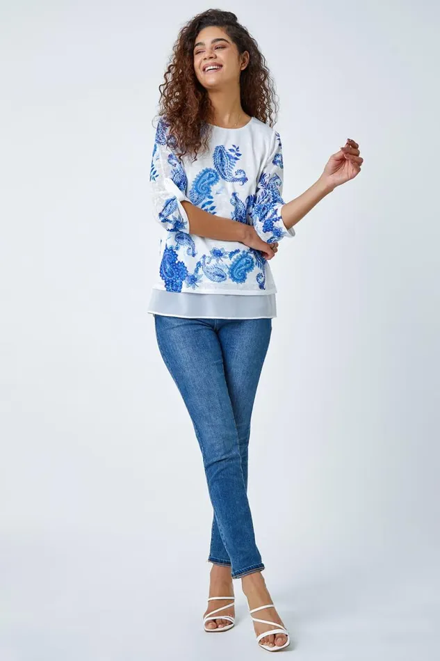 Blue Paisley Print Double Layer Top Women Roman Tops