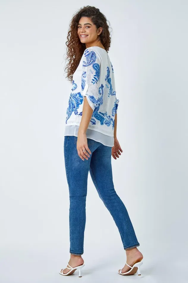 Blue Paisley Print Double Layer Top Women Roman Tops