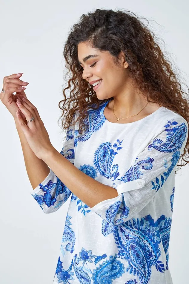 Blue Paisley Print Double Layer Top Women Roman Tops