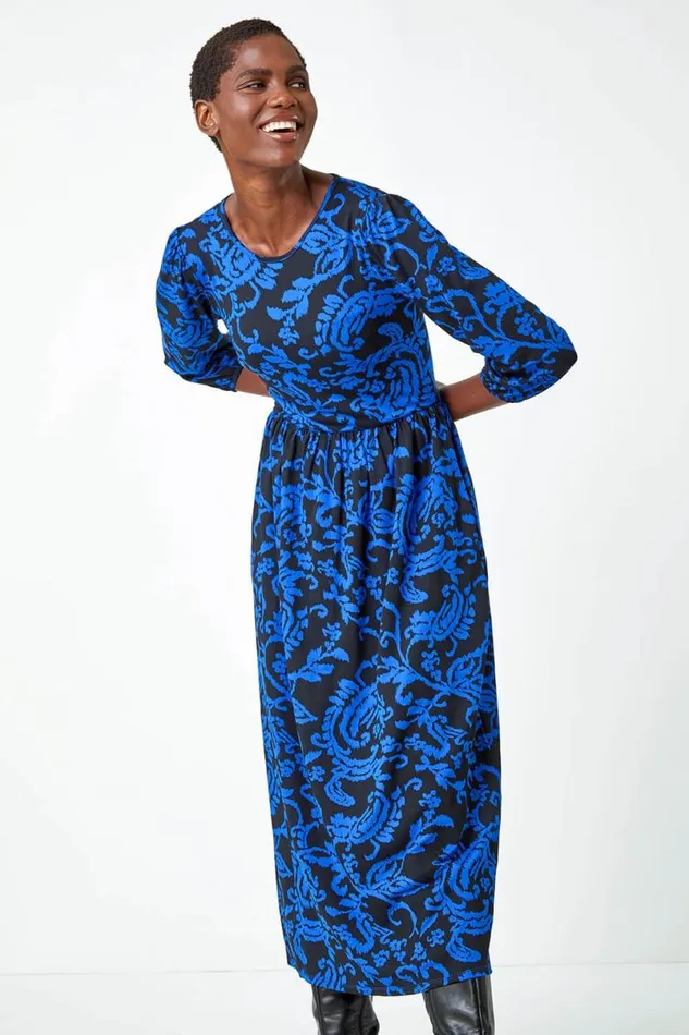 Blue Paisley Print Pocket Midi Stretch Dress Women Roman Dresses