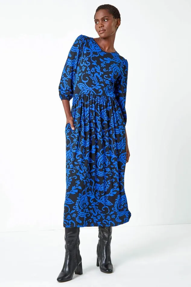 Blue Paisley Print Pocket Midi Stretch Dress Women Roman Dresses