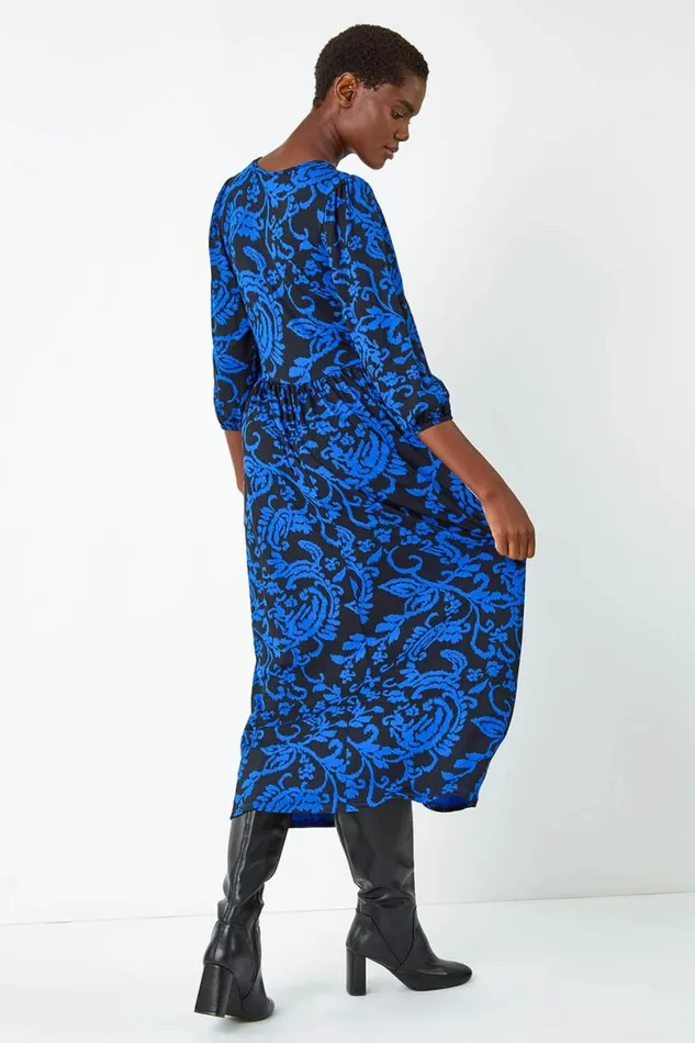 Blue Paisley Print Pocket Midi Stretch Dress Women Roman Dresses