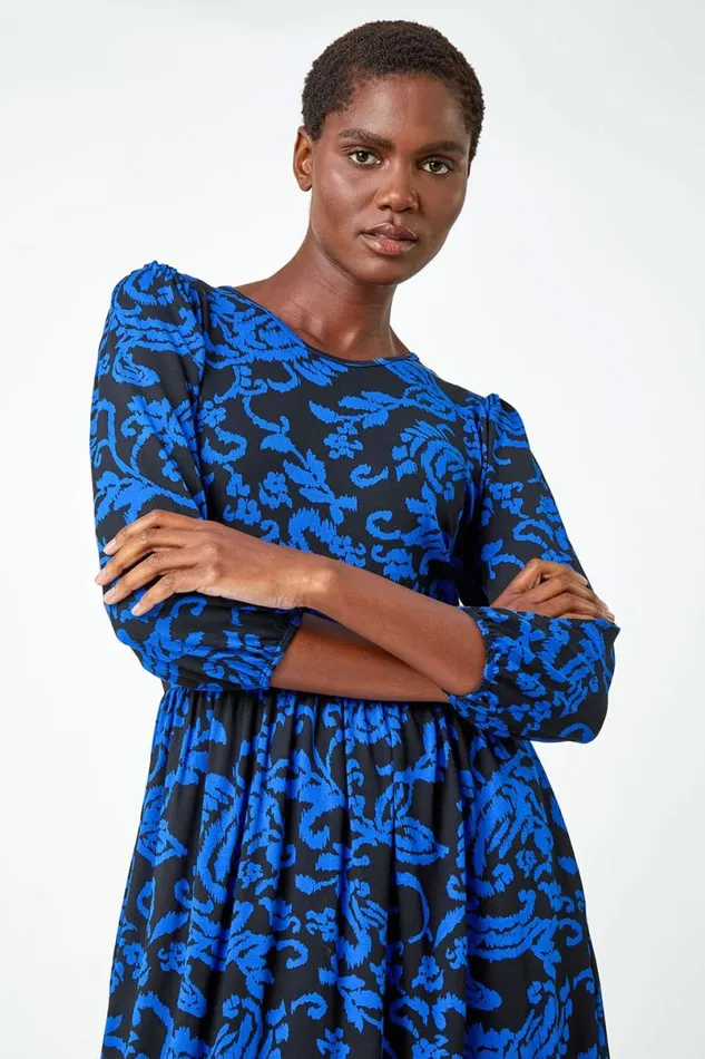 Blue Paisley Print Pocket Midi Stretch Dress Women Roman Dresses