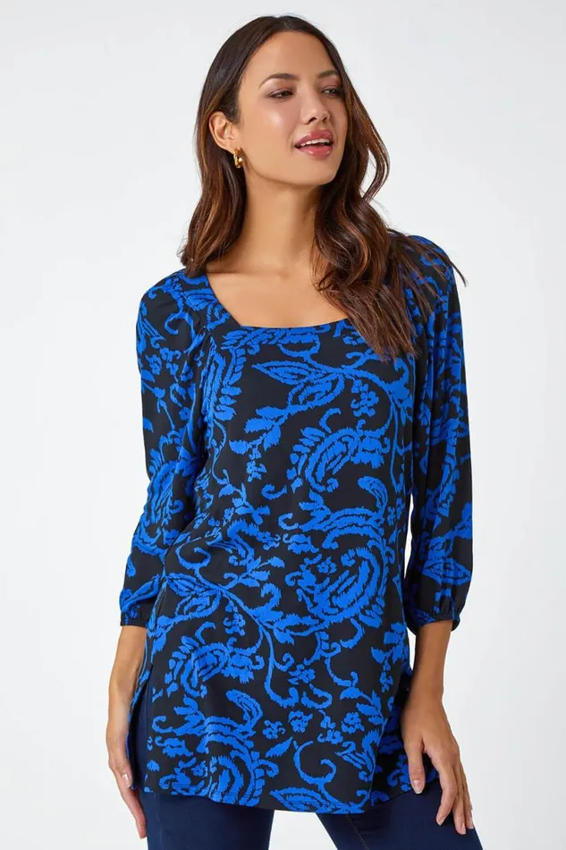 Blue Paisley Print Square Neckline Tunic Top Women Roman Tops