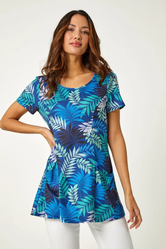 Blue Palm Print Pocket Stretch Tunic Top Women Roman Tops