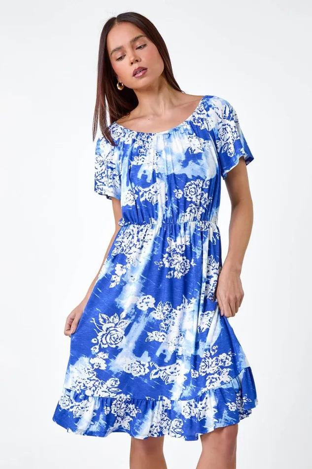 Blue Petite Abstract Floral Stretch Frill Dress Women Roman Dresses