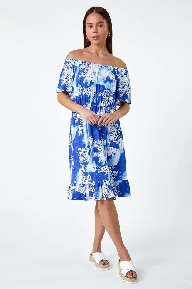 Blue Petite Abstract Floral Stretch Frill Dress Women Roman Dresses