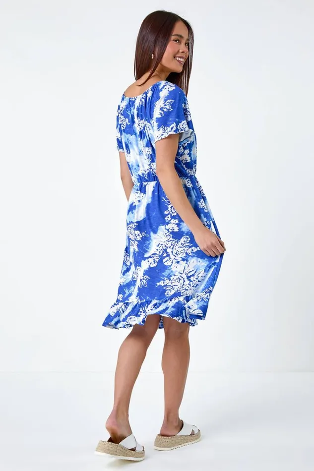 Blue Petite Abstract Floral Stretch Frill Dress Women Roman Dresses